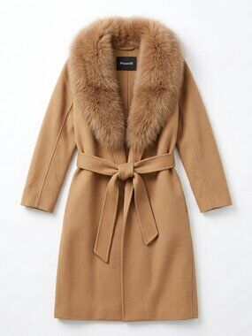 Pissenlit Camel Wool Cashmere Coat genuine Fox Fur Collar